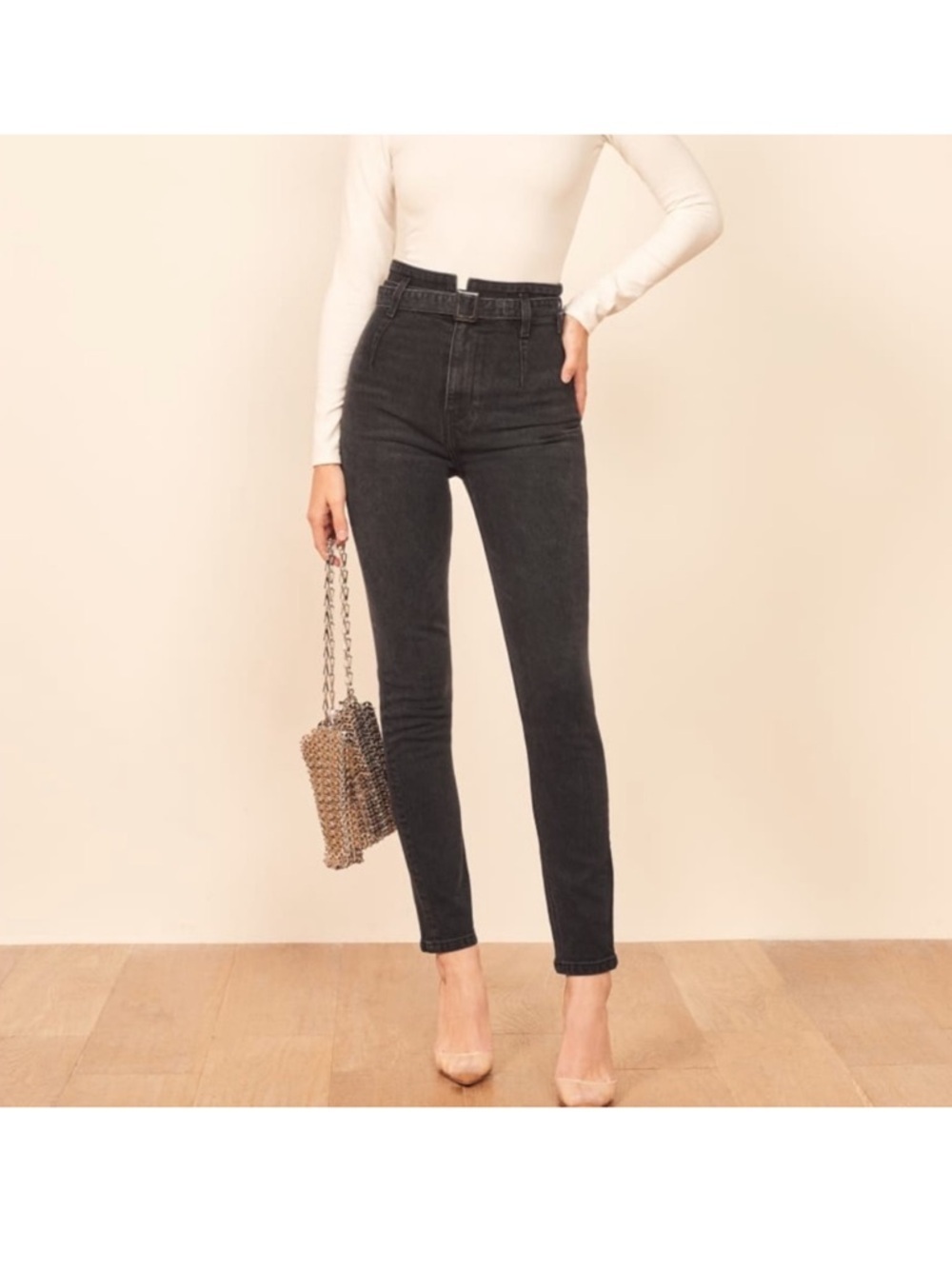 Reformation Jeans Womens 26 Black High Rise Belted Skinny Stretch